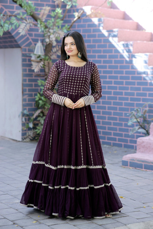 Wine Faux Blooming Sequins & Zari Embroidered Anarkali Dress