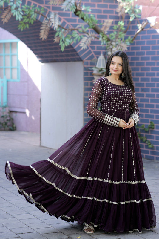 Wine Faux Blooming Sequins & Zari Embroidered Anarkali Dress