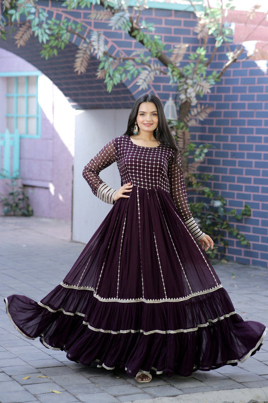 Wine Faux Blooming Anarkali dress with intricate sequins and zari embroidery
