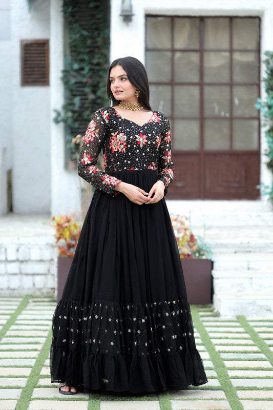 Women's Black Faux Blooming Sequins Embroidered Anarkali Dress