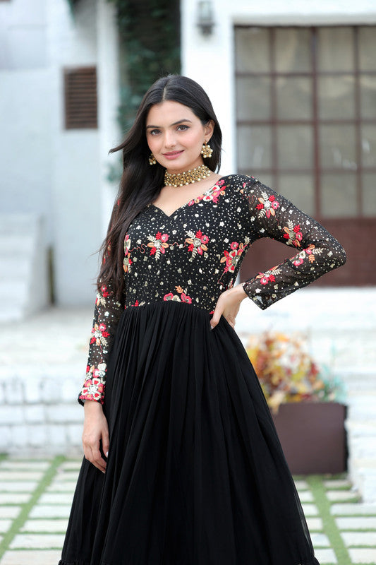 Women's Black Faux Blooming Sequins Embroidered Anarkali Dress