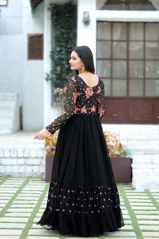 Women's Black Faux Blooming Sequins Embroidered Anarkali Dress