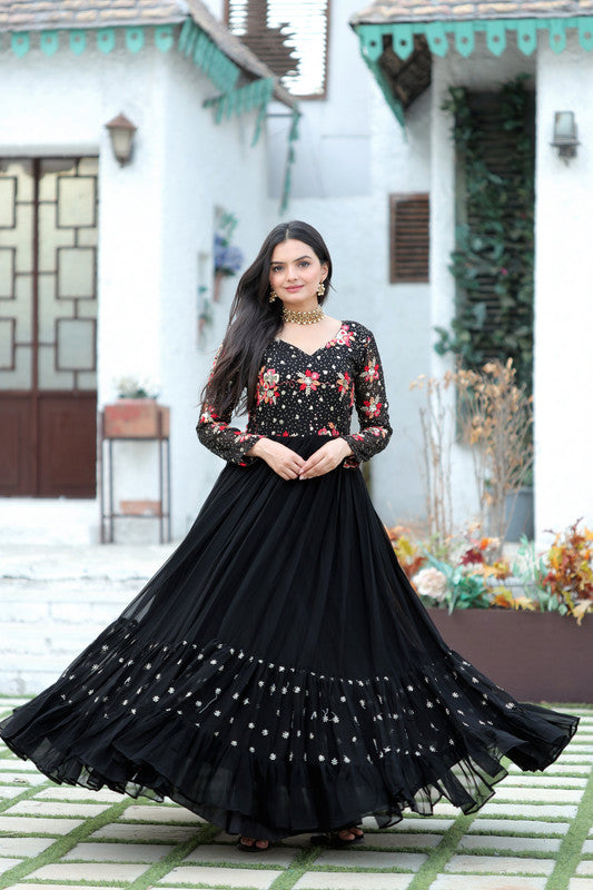 Elegant black Anarkali dress with sequin and multi-thread embroidery
