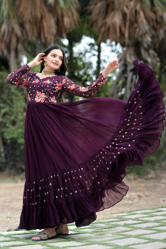 Women's Wine Anarkali Dress with Multi-Thread Embroidery & Sequins