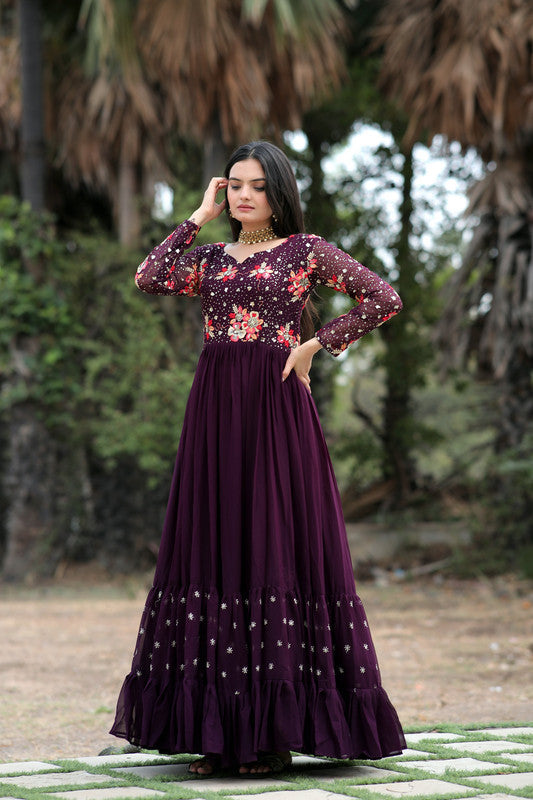 Women's Wine Anarkali Dress with Multi-Thread Embroidery & Sequins