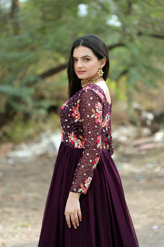 Women's Wine Anarkali Dress with Multi-Thread Embroidery & Sequins