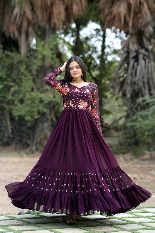 Elegant wine-colored Anarkali dress with multi-thread embroidery and sequin embellishments