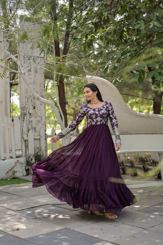 Wine Faux Blooming Jacquard Anarkali Dress with Sequins Embroidery