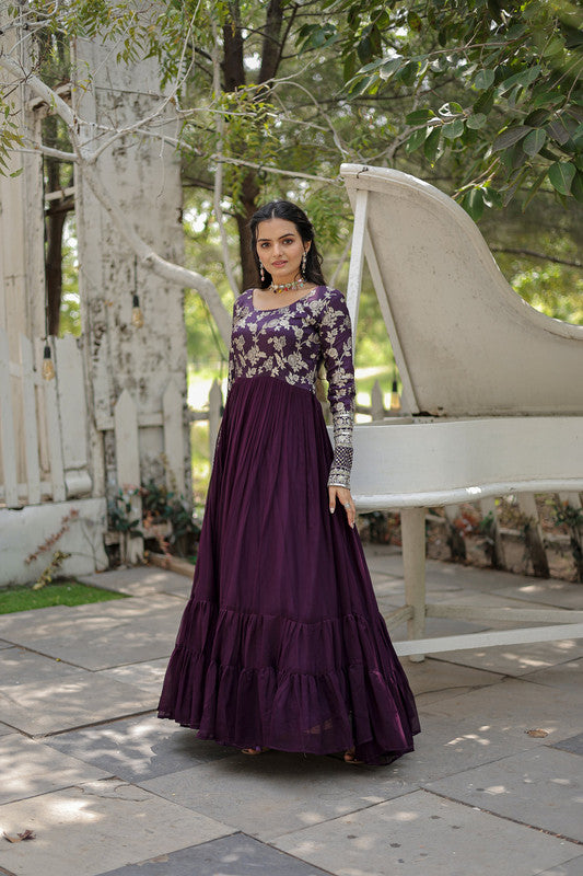 Wine Faux Blooming Jacquard Anarkali Dress with Sequins Embroidery