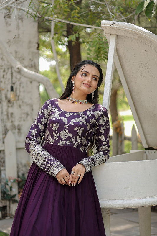 Wine Faux Blooming Jacquard Anarkali Dress with Sequins Embroidery
