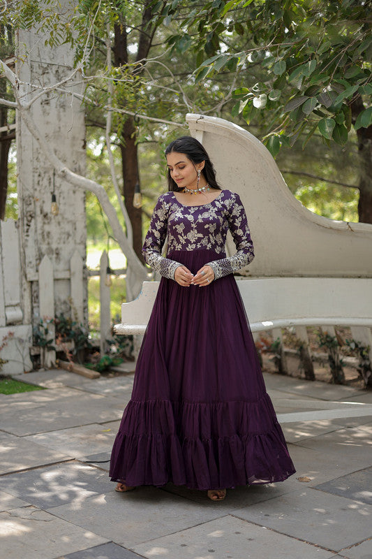 Wine Faux Blooming Anarkali dress with intricate sequins embroidery and jacquard work