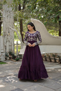 Wine Faux Blooming Anarkali dress with intricate sequins embroidery and jacquard work