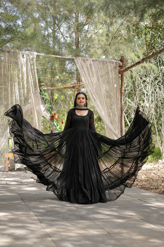 Black Faux Georgette 5-Layer Frill Anarkali Dress with Dupatta