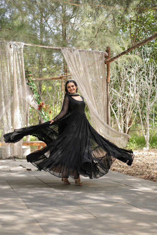 Black Faux Georgette 5-Layer Frill Anarkali Dress with Dupatta
