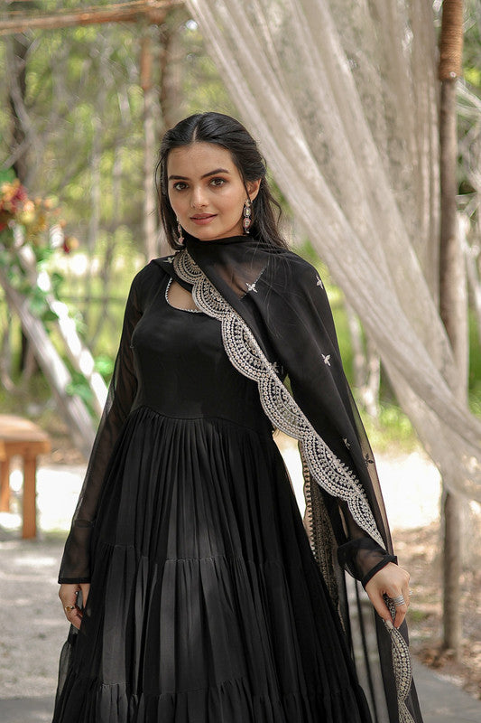 Black Faux Georgette 5-Layer Frill Anarkali Dress with Dupatta
