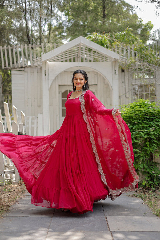 Women's Rani Pink 5-Layer Frill Anarkali Dress with Dupatta