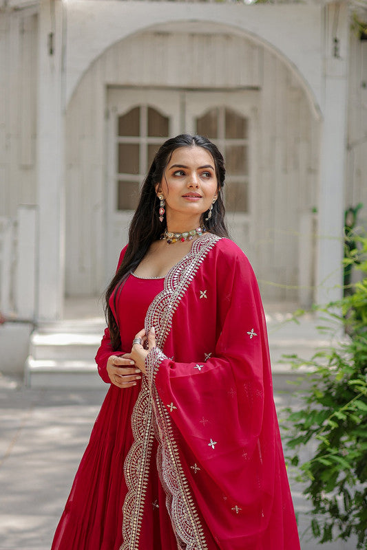 Women's Rani Pink 5-Layer Frill Anarkali Dress with Dupatta