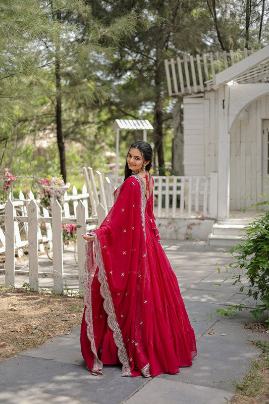 Women's Rani Pink 5-Layer Frill Anarkali Dress with Dupatta