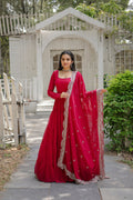 Rani pink 5-layer frill Anarkali dress with matching dupatta