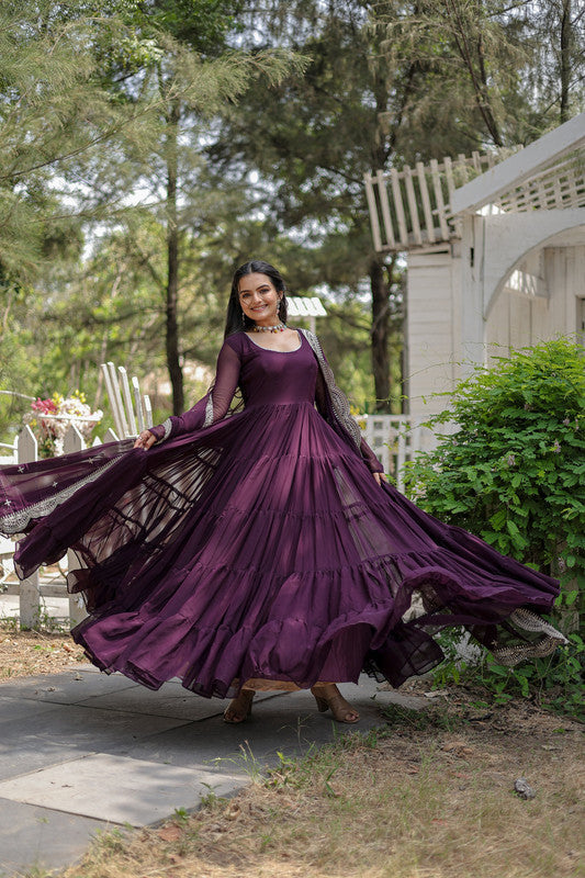 Purple Faux Georgette 5-Layer Frill Anarkali Dress with Dupatta