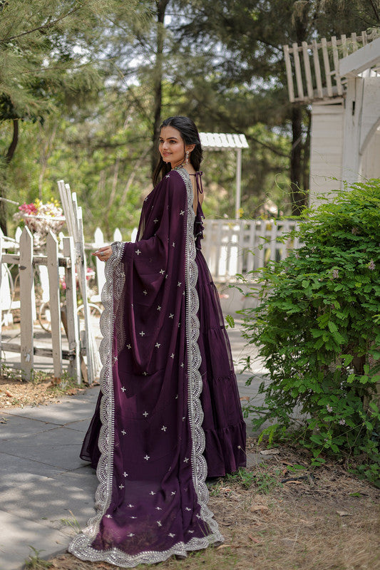 Purple Faux Georgette 5-Layer Frill Anarkali Dress with Dupatta