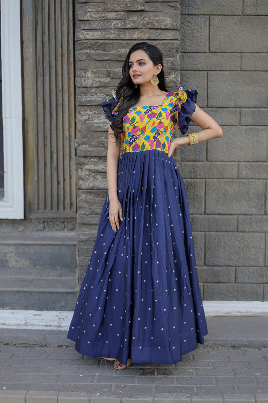 Women's Blue Maslin and Chinon Embroidered Anarkali Dress