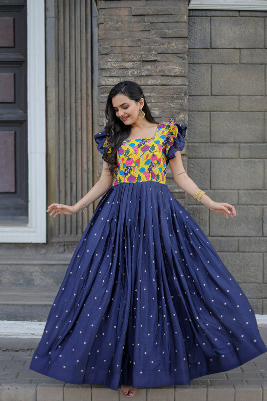 Women's Blue Maslin and Chinon Embroidered Anarkali Dress