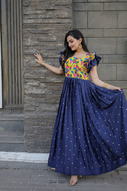 Women's Blue Maslin and Chinon Embroidered Anarkali Dress