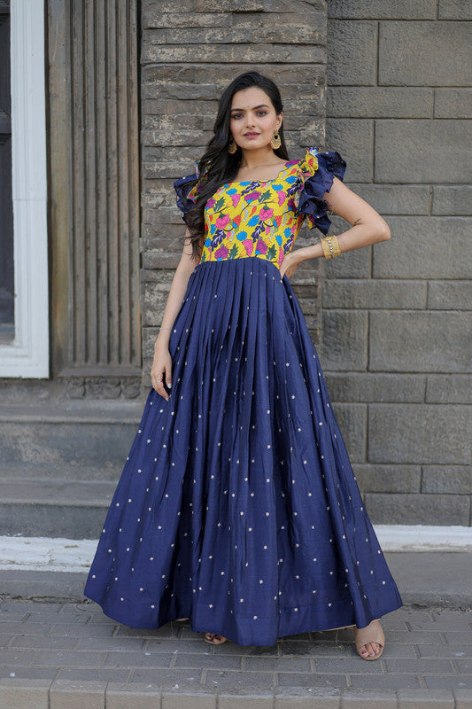 Blue Maslin and Chinon embroidered festive Anarkali dress