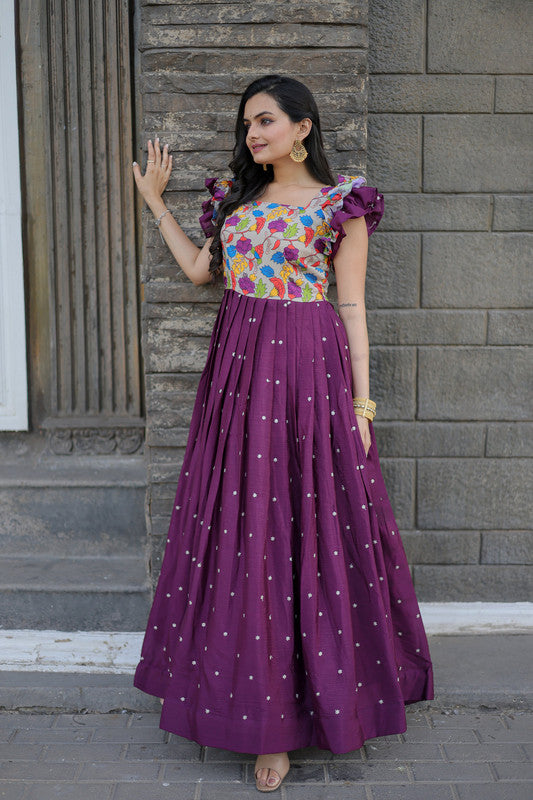 Women's Wine Maslin and Chinon Embroidered Anarkali Dress