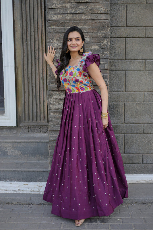 Women's Wine Maslin and Chinon Embroidered Anarkali Dress