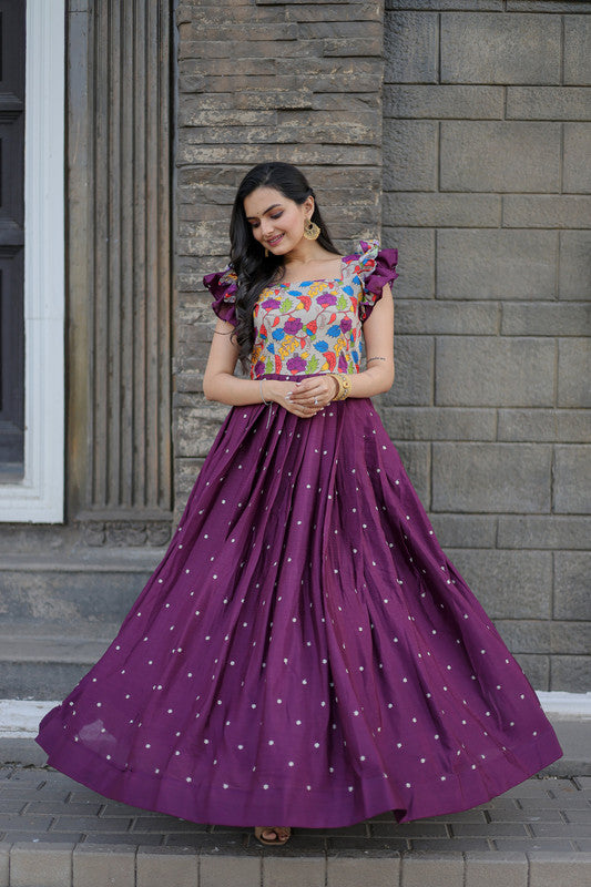 Wine-colored Maslin and Chinon embroidered Anarkali dress