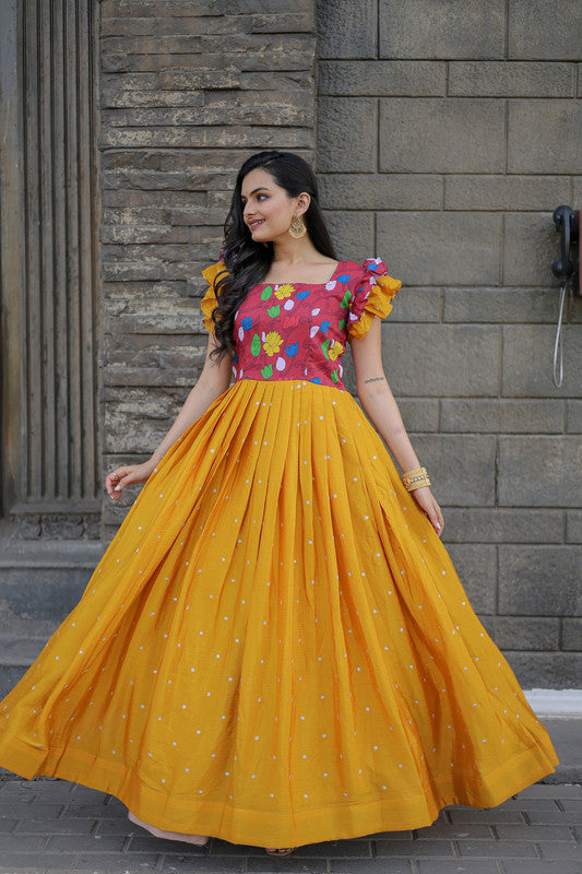 Yellow Maslin & Chinon Floral Embroidered Partywear Anarkali