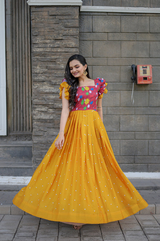 Yellow Maslin & Chinon Floral Embroidered Partywear Anarkali