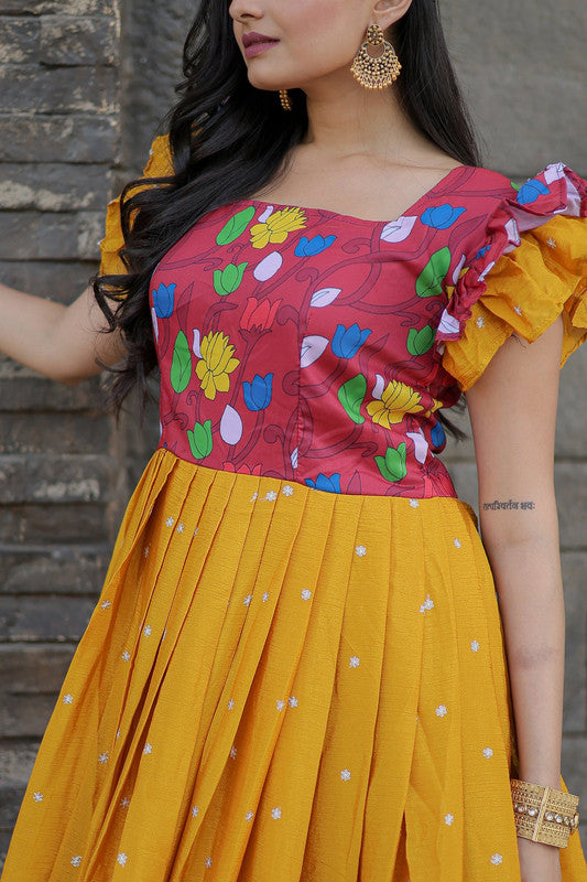 Yellow Maslin & Chinon Floral Embroidered Partywear Anarkali