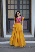 Yellow Maslin and Chinon Anarkali dress with floral embroidery