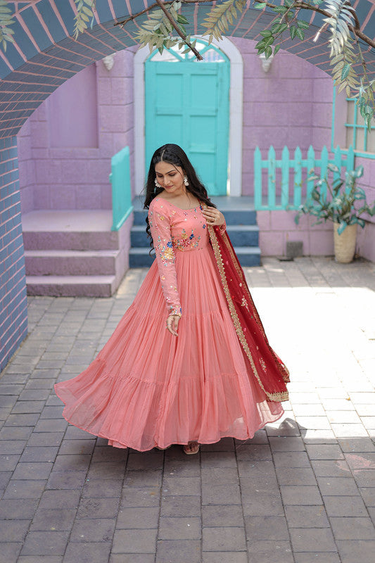 Peach Faux Georgette Thread Embroidery Anarkali Dress with Dupatta