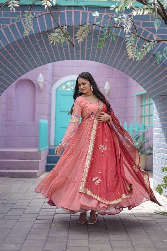Peach Faux Georgette Thread Embroidery Anarkali Dress with Dupatta