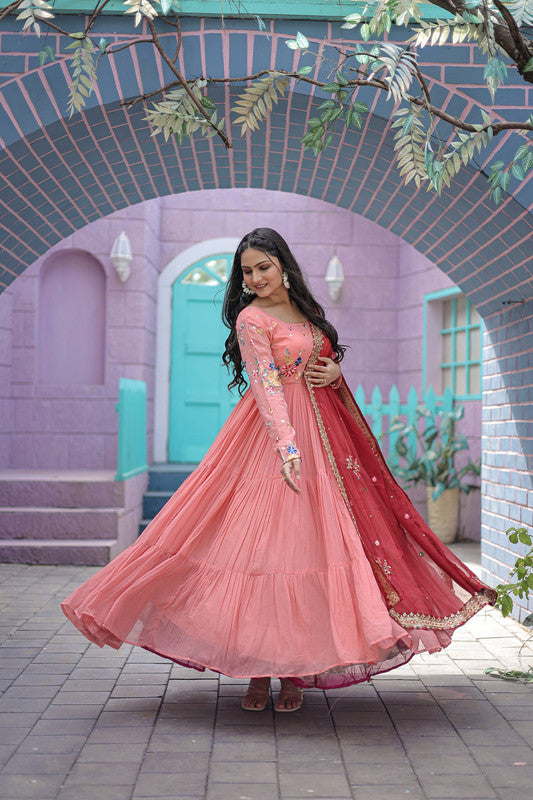 Peach Faux Georgette Thread Embroidery Anarkali Dress with Dupatta
