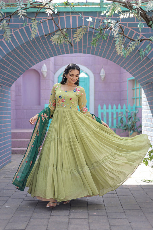 Pista Faux Georgette Thread Embroidery Anarkali Dress with Dupatta