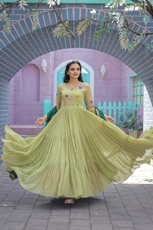 Pista Faux Georgette Thread Embroidery Anarkali Dress with Dupatta
