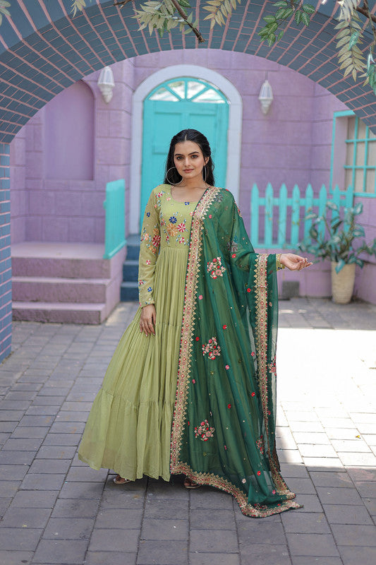 Pista Faux Georgette Thread Embroidery Anarkali Dress with Dupatta