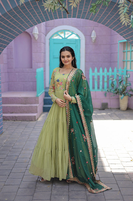 Pista faux georgette Anarkali dress with intricate thread embroidery and matching dupatta
