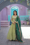 Pista faux georgette Anarkali dress with intricate thread embroidery and matching dupatta