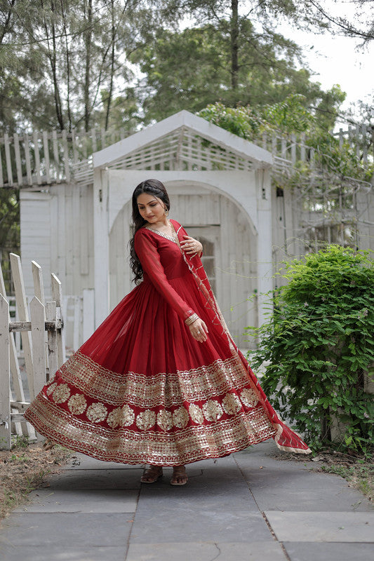 Maroon Faux Blooming Sequins Embroidered Anarkali Dress