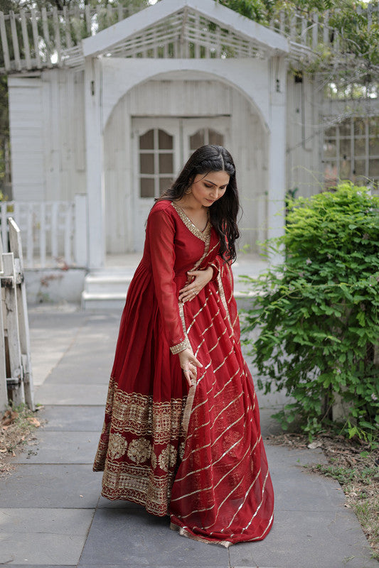 Maroon Faux Blooming Sequins Embroidered Anarkali Dress