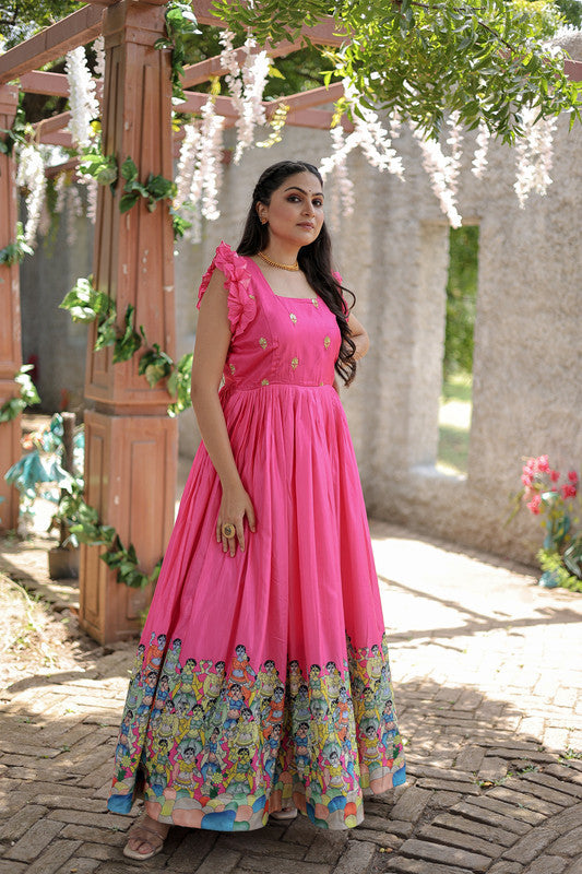 Women's Pink Dola Silk Printed Anarkali Dress Floor Length Gown