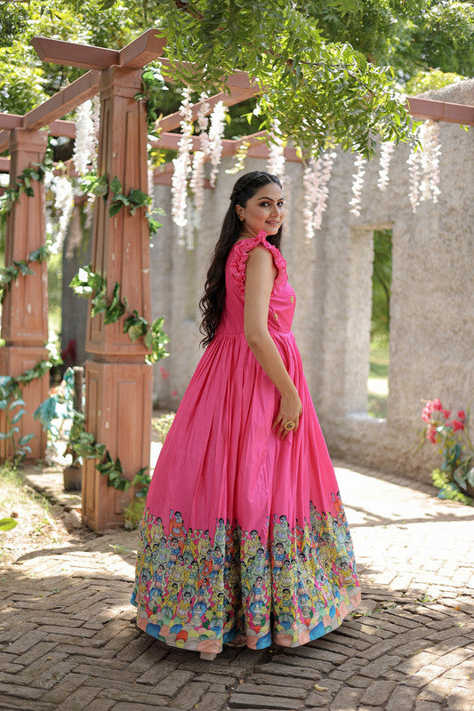 Women's Pink Dola Silk Printed Anarkali Dress Floor Length Gown