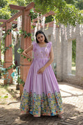 Purple Dola silk floor-length Anarkali dress with festive printed design