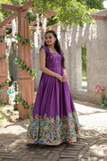 Wine colored Dola silk printed Anarkali dress with floor-length design